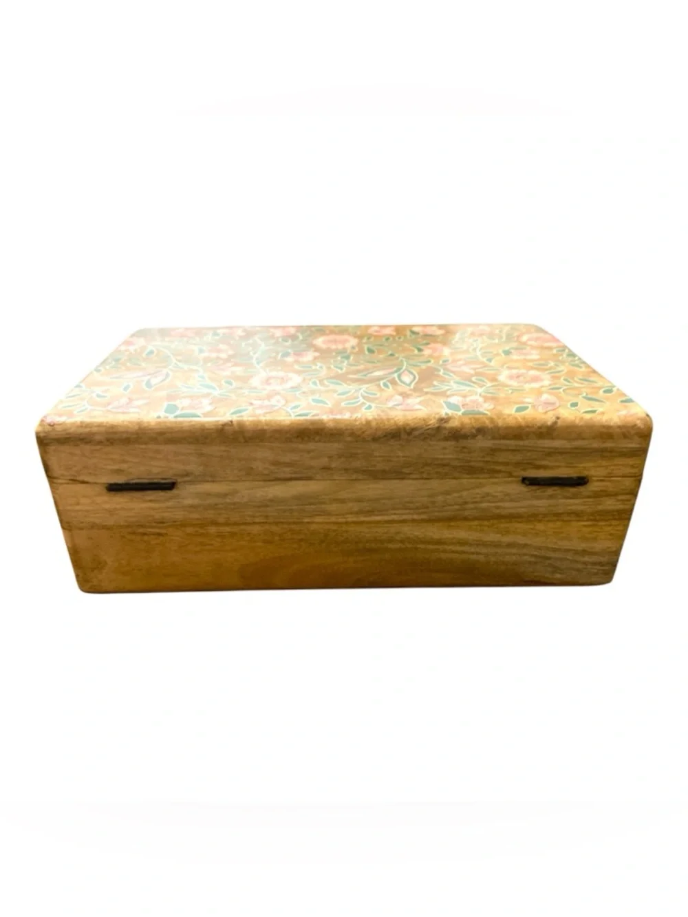 Hand Painted Large Wooden Floral Storage Box Pink Flowers Boho Made in India NWT